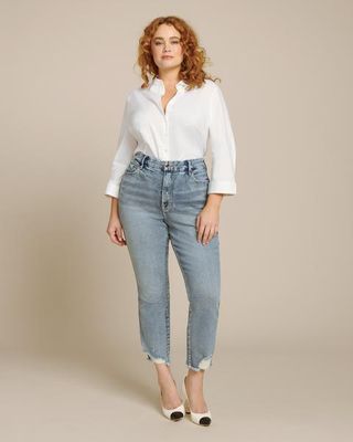 Good American + Blue Good Curve Straight Jeans With Frayed Hem