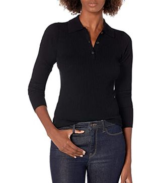 Lark & Ro + Standard Premium Viscose Blend Ribbed Long Sleeve Polo Fitted Sweater