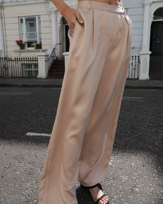 The Drop + Beige Loose High Rise Wide Leg Silky Pant