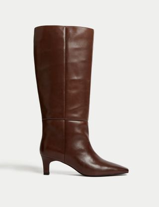 M&S Collection + Leather Kitten Heel Knee High Boots in Chocolate