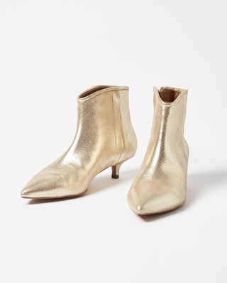 Oliver Bonas + Pointed Kitten Heel Gold Leather Boots
