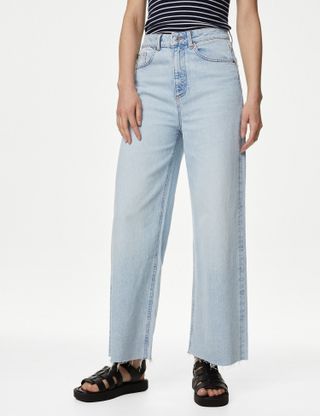 M&S Collection + High Waisted Wide Leg Ankle Grazer Jeans