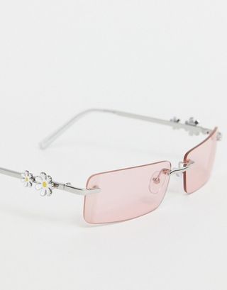 ASOS Design + 90's Rimless Sunglasses With Daisy Charm Arm in Pink Lens