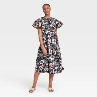 Who What Wear x Target + Floral Print Flutter Short Sleeve Dress