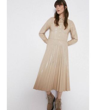 Warehouse + Faux Leather Pleated Shirt Dress