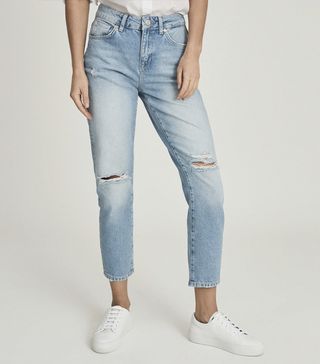 Reiss + Lakely Ripped Pale Blue Mid Rise Straight Jeans With Rip Detail – Reiss