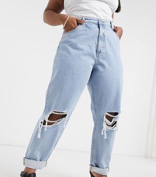 ASOS + Curve High Rise Slouchy Mom Jeans in Light Wash With Rips