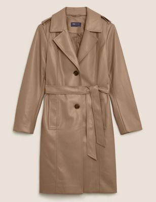 M&S Collection + Faux Leather Belted Trench Coat