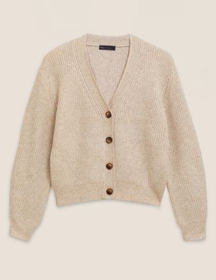 M&S Collection + Textured Ribbed V-Neck Button Cardigan