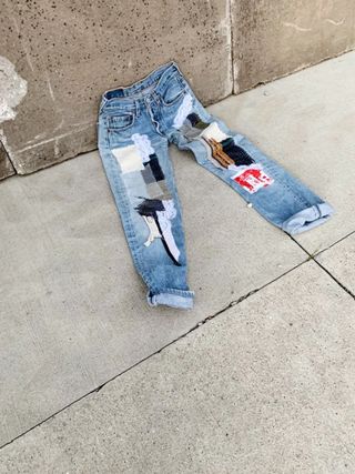 Fanfare + High Waisted Recycled Fully Patchwork Jeans in Blue Denim
