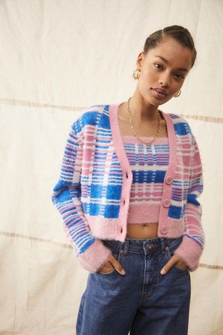 Urban Outfitters + Baby Pink and Blue Plaid Cardigan