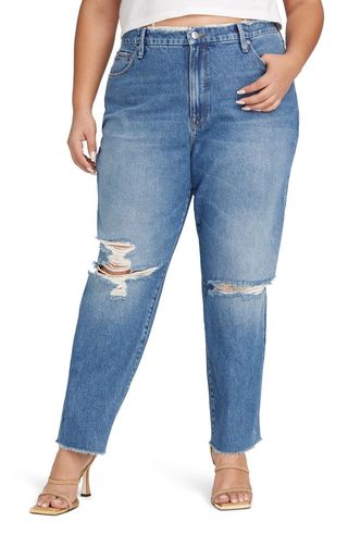 Good American + Distressed High Waist Frayed Jeans
