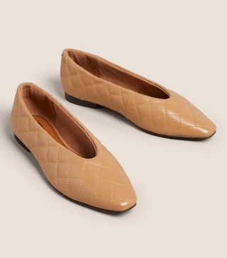 Marks and Spencer + Leather Quilted Chisel Toe Ballet Pumps