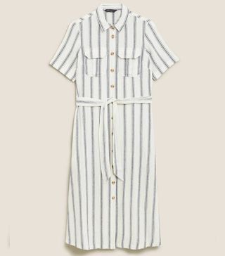 Marks and Spencer + Linen Striped Belted Midi Shirt Dress