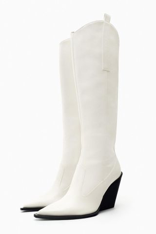 Zara + Knee High Wedge Cowboy Boots