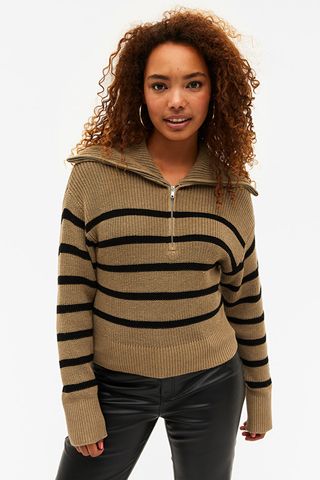 Monki + Tan and Black Stripe Half Zip Knit Sweater