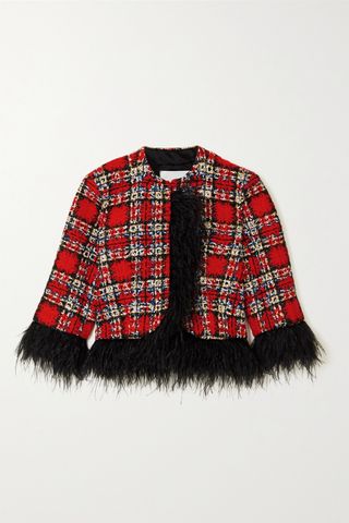 Halpern + Cropped Feather-Trimmed Checked Tweed Jacket