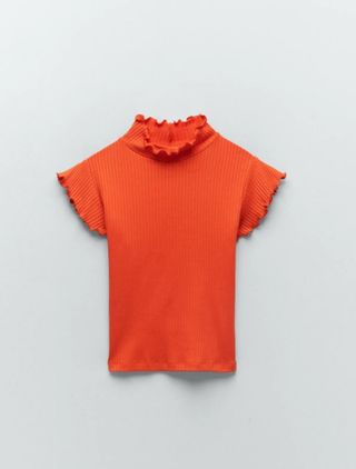 Zara + Ruffled Ribbed T-Shirt