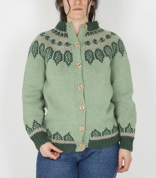 Vintage + Handknitted 70s Green Nordic Patterned Cardigan