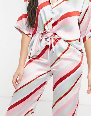 ASOS Design + Mix & Match Satin Candy Stripe Pajama Shirt & Pant Set