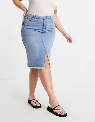 Vero Moda Curve + Curve Midi Denim Skirt With Front Split in Blue