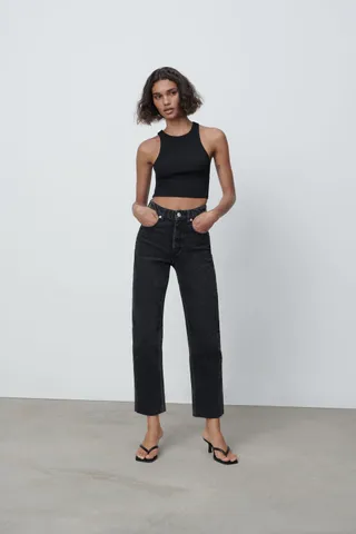 Zara + Hi-Rise Straight Leg Ripped Jeans