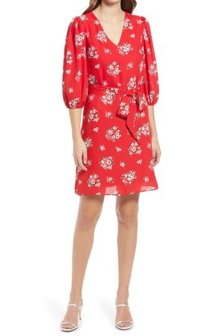 Halogen + Floral Print Tie Waist Long Sleeve Dress