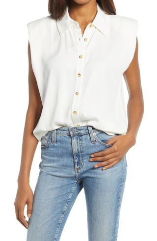 Treasure 
Bond + Shoulder Pad Sleeveless Button-Up Top