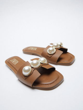 Zara + Leather Slide Sandals With Pearls