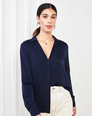 Quince + Washable Stretch Silk Notch Collar Blouse