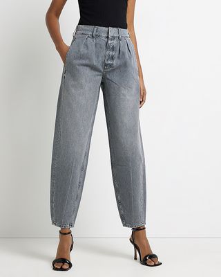 River Island + Grey High Waisted Tapered Jeans