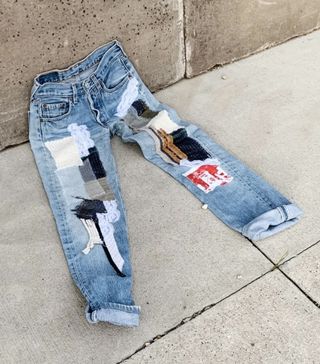 Fanfare the Label + High Waisted Recycled Fully Patchwork Jeans, Blue Denim