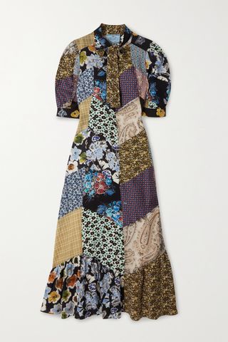 Prada + Pussy-Bow Patchwork Printed Silk-Blend Crepe Midi Dress