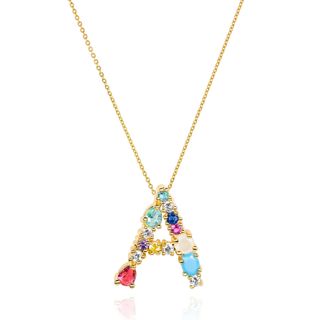 Lavla + Initial Necklace 18k Gold Plated Colorful Crystal