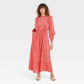 Who What Wear + Floral Print Balloon Long Sleeve Soft Ruffle Dress