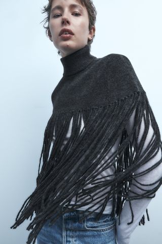 Zara + Fringed Knit Cape