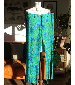 Vintage + 1970s Blue and Green Psychedelic Print Trousers