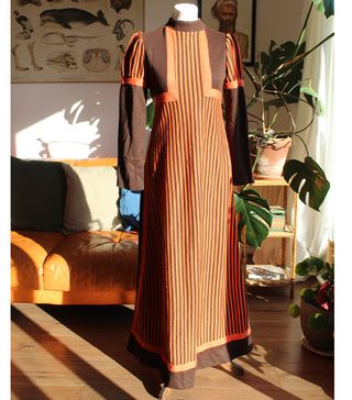 Vintage + 1970s Brown and Orange Striped Maxi Dress by Fiona