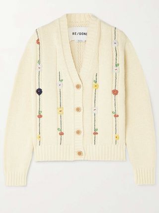 Re/Done + 50s Embroidered Cable-Knit Cotton-Blend Cardigan