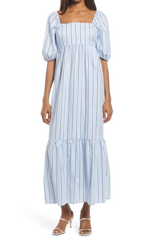 Fourteenth Place + Stripe Puff Sleeve Midi Dress