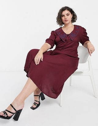 Asos Design Curve + Button Through Midi Tea Dress With Embroidered Peter Pan Collar in Rust