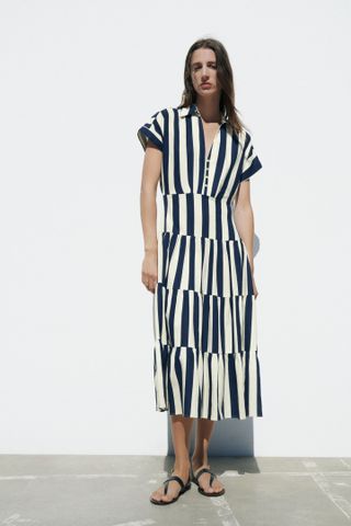 Zara + Striped Linen Blend Midi Dress