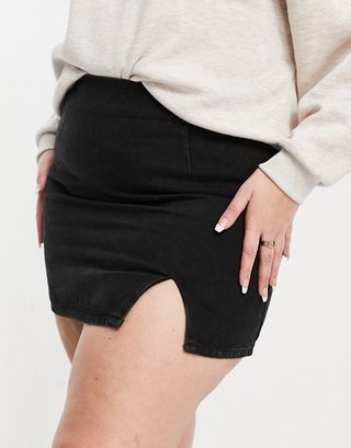 ASOS Design + Curve Denim Split Front Mini Skirt in Black