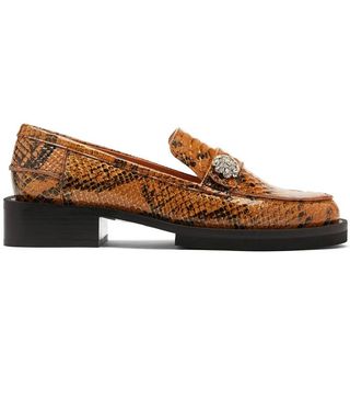 Ganni + Crystal-Embellished Python-Effect Leather Loafers