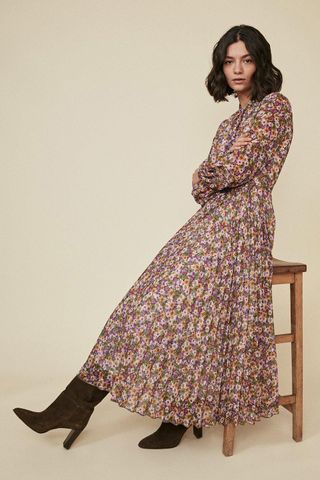Oasis + Floral Print Pussy Bow Pleated Midi Dress