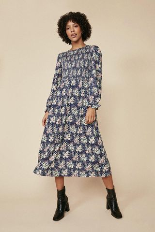 Oasis + Floral Shirred Bodice Midi Dress