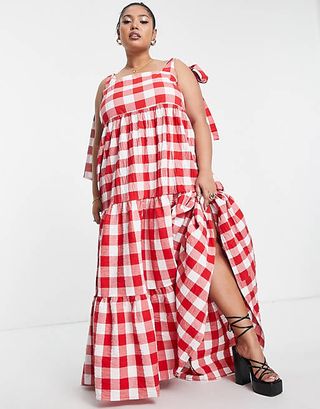 Sister Jane + Plus Tiered Maxi Dress in Red Gingham With Bow Back Straps