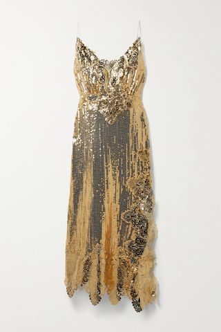 Paco Rabanne + Asymmetric Metallic Guipure Lace-Trimmed Sequined Georgette Midi Dress