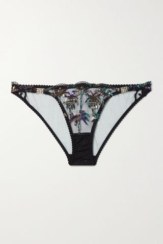 Agent Provocateur + Cali Crystal-Embellished Metallic Embroidered Tulle Briefs