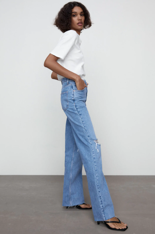 Zara + Wide Leg Full Length Ripped Jeans
